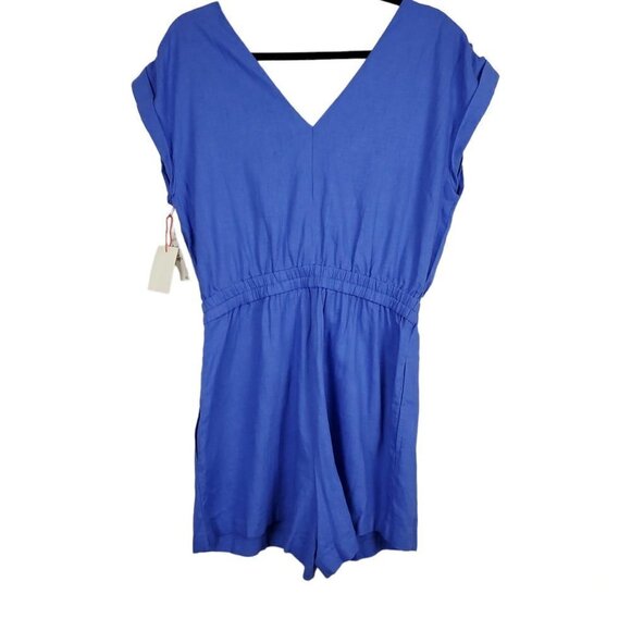 🔥Open Edit V Neck Linen Blend Blue Amparo Romper - Picture 5 of 8
